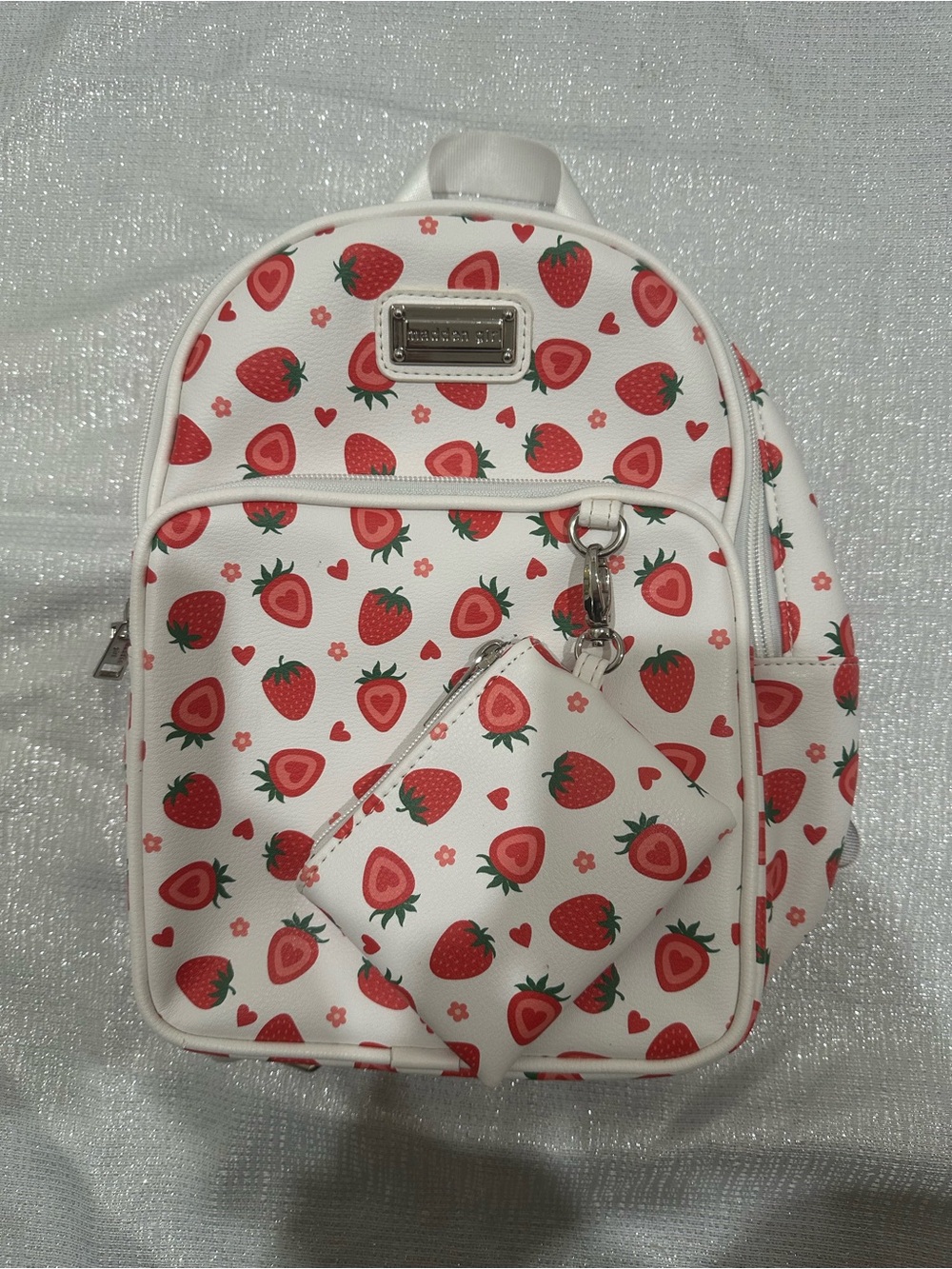 Madden Girl Strawberry Print White Mini Backpack with Coin Pouch